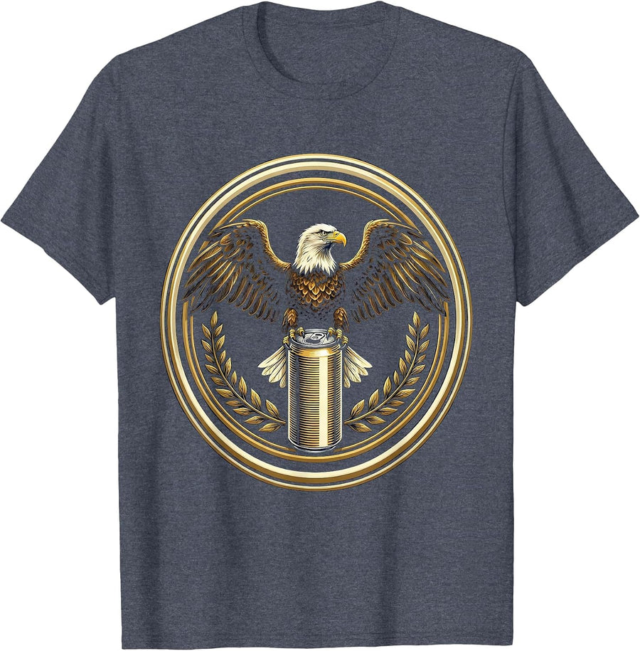 Men's Eagle Perched on Towering Soda Can Stack T-Shirt - Heather Blue