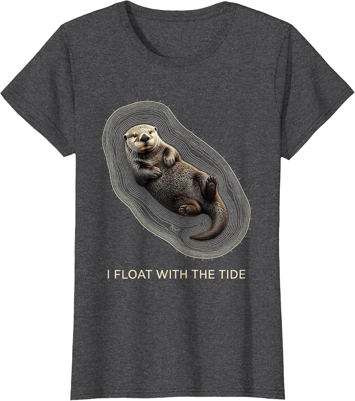 Women's I Float With The Tide Topographic Sea Otter Animal Lover Pun T-Shirt - Dark Heather Grey