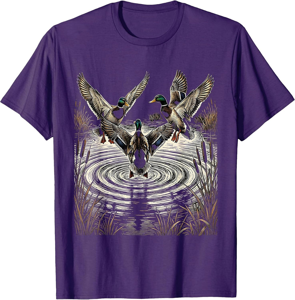 Duck Hunting Overhead Landing Ducks on Water T-Shirt - Purple