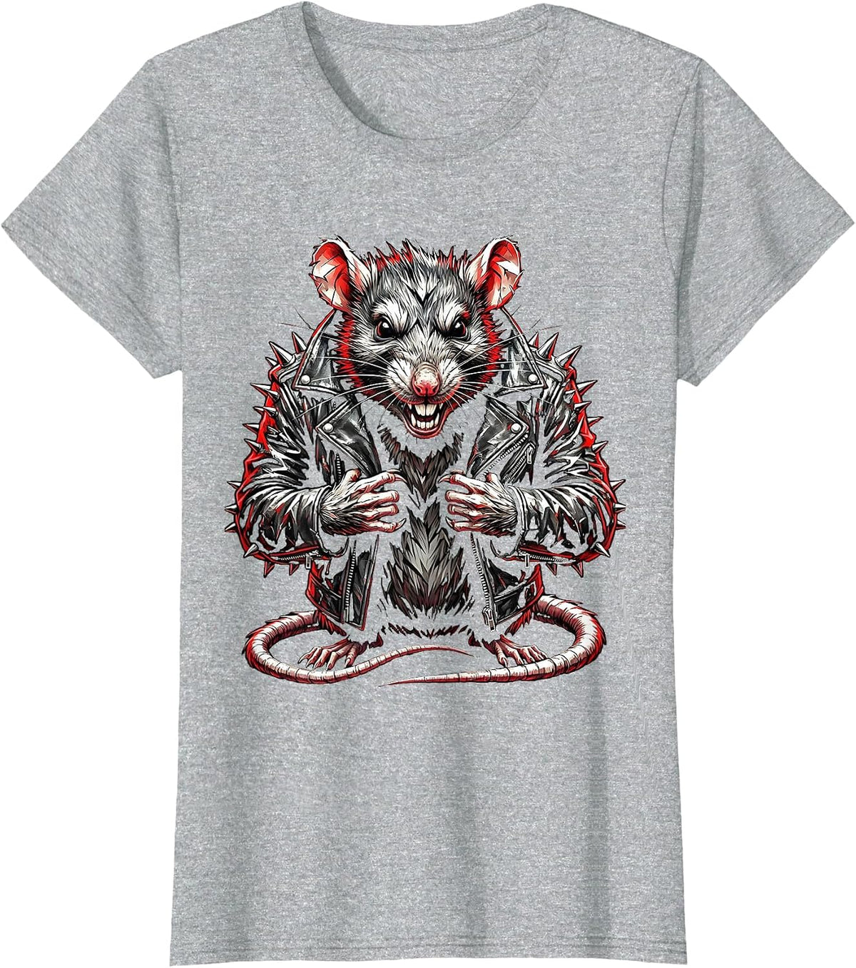 Punk Rat Spiked Leather Jacket Graphic T-Shirt - Heather Grey