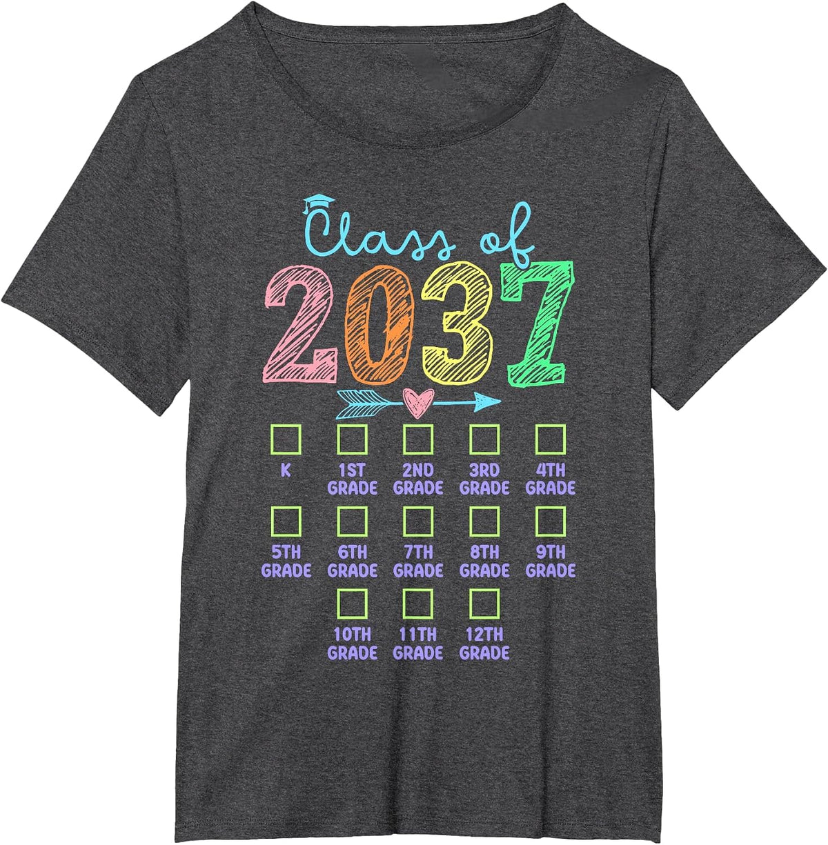 Class of 2037 Grow with Me Handprint Checklist K-12th Grade T-Shirt - Dark Heather Grey