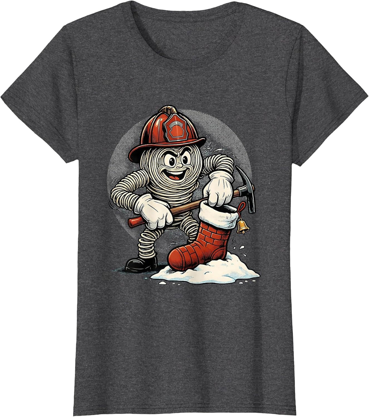 Women's Cartoon Firefighter Helmet Rescue Christmas Stocking Retro T-Shirt - Dark Heather Grey