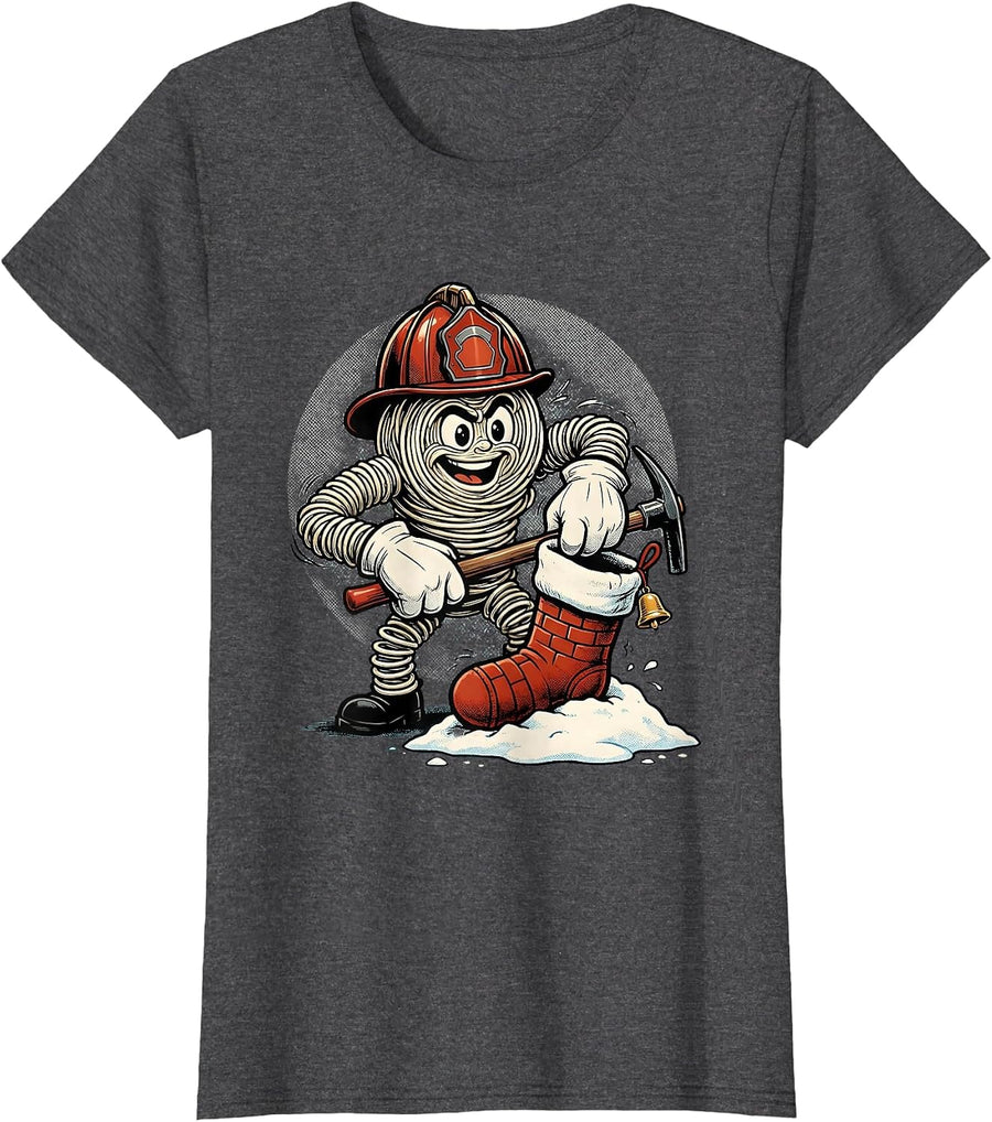 Women's Cartoon Firefighter Helmet Rescue Christmas Stocking Retro T-Shirt - Dark Heather Grey