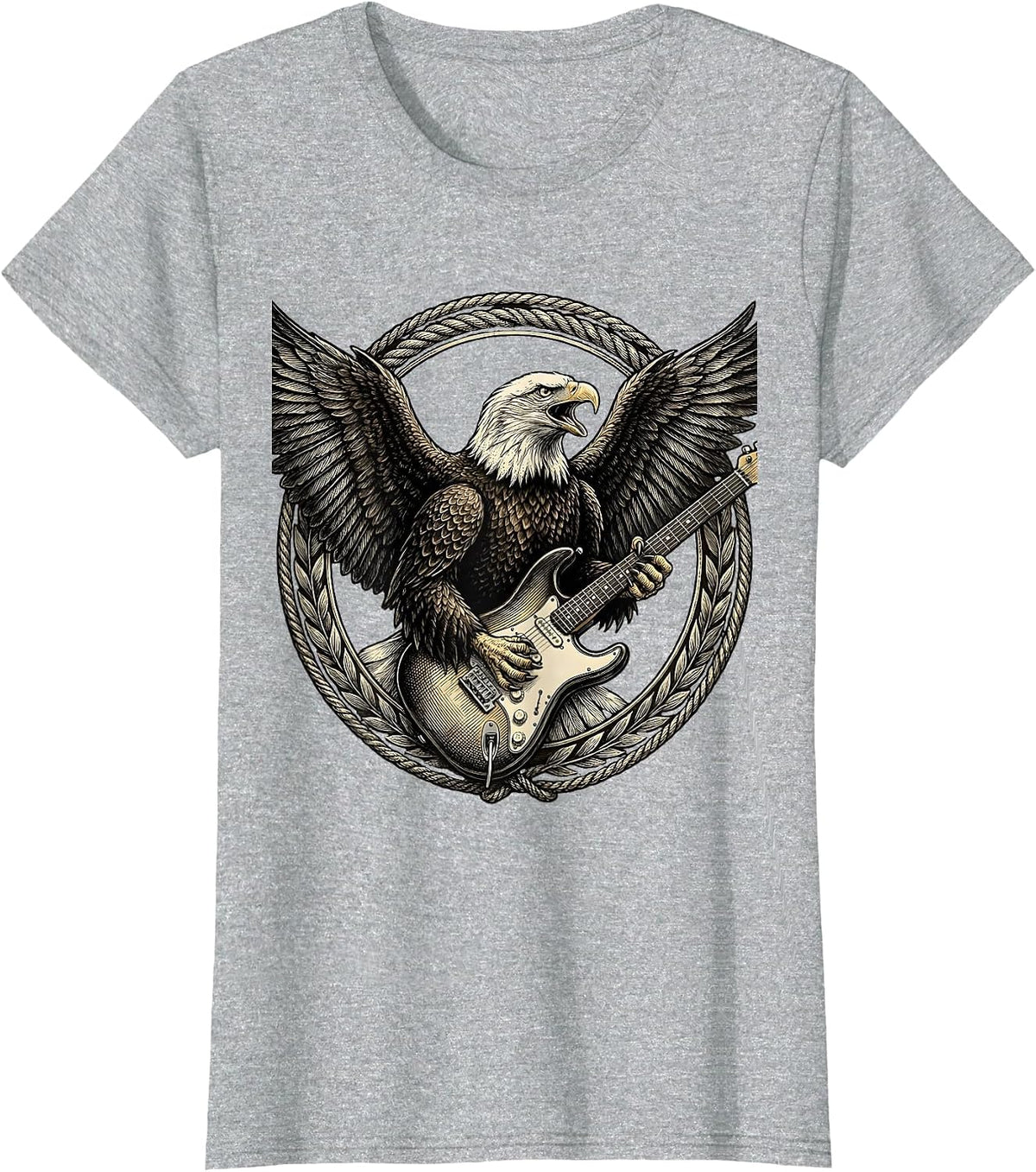 Eagle Clutching Electric Guitar Rock Band Graphic T-Shirt - Heather Grey