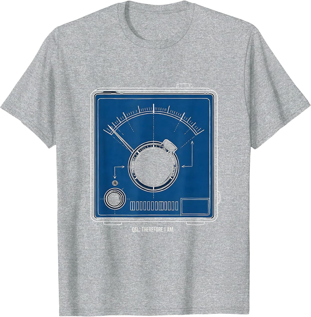 Men's QSL Therefore I Am Technical Blueprint Ham Radio Operator T-Shirt - Heather Grey