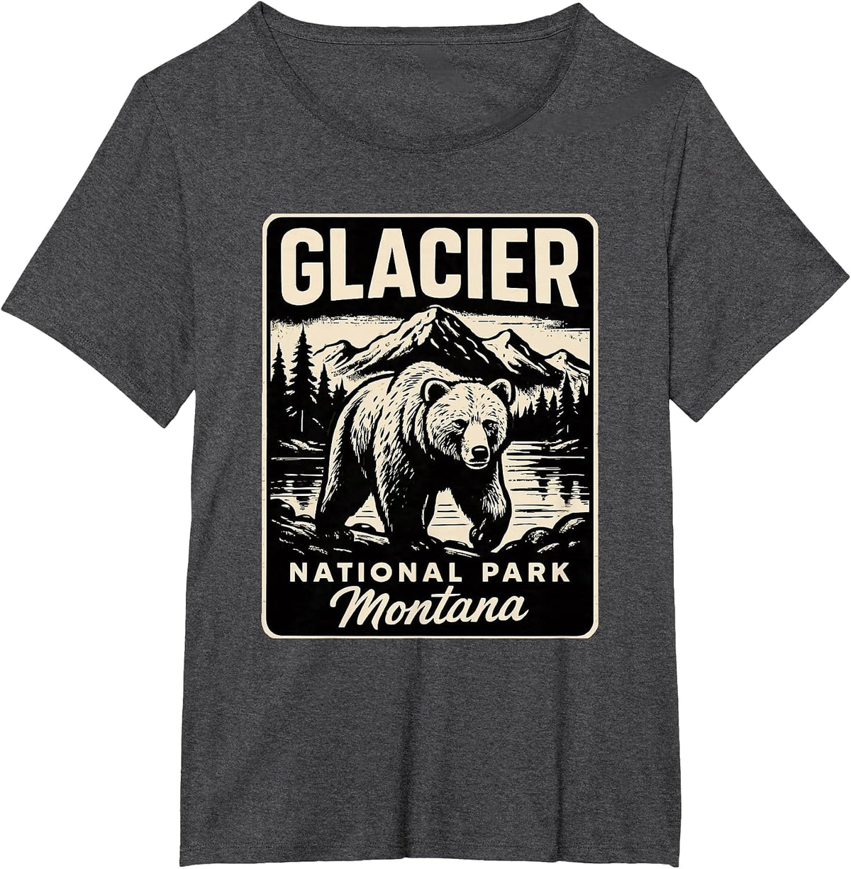 Vintage Style Glacier National Park Montana Grizzly Bear T-Shirt - Dark Heather Grey