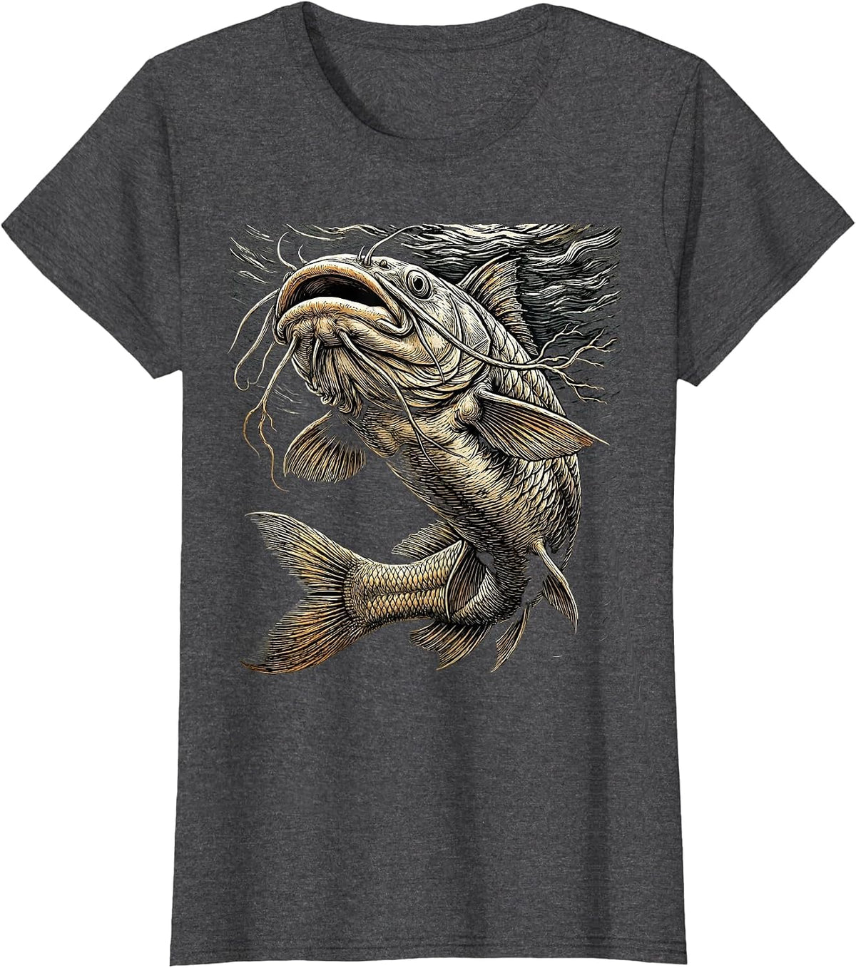Women's Catfish Dark Depths Lurking Giant Fishing Graphic T-Shirt - Dark Heather Grey