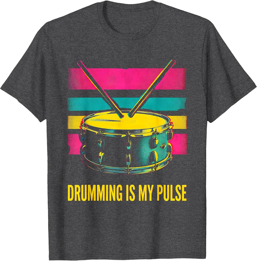 Men's Drumming Is My Pulse Risograph Drum Enthusiast Hobby Gift T-Shirt - Dark Heather Grey