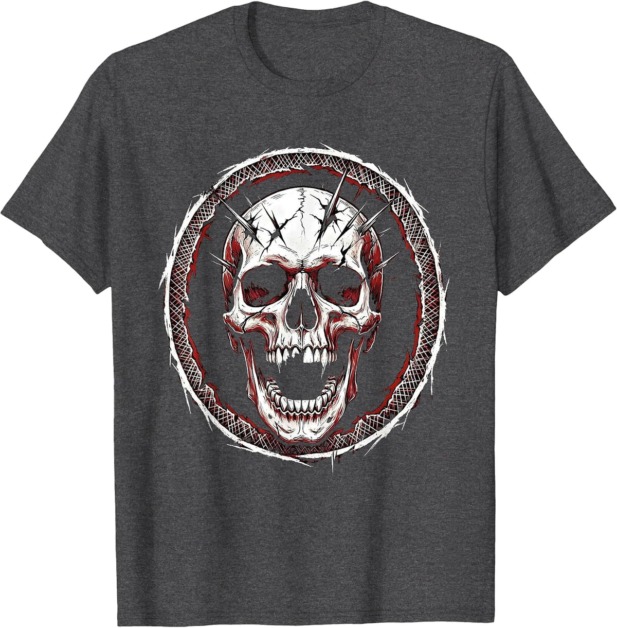 Unhinged Laughing Skull Cracked Jaw Graphic T-Shirt - Dark Heather Grey