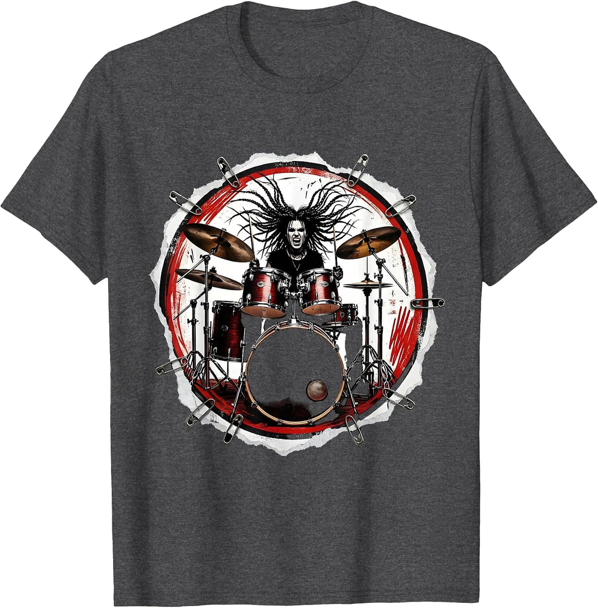 Drummer With Braids Behind Massive Drum Kit T-Shirt - Dark Heather Grey