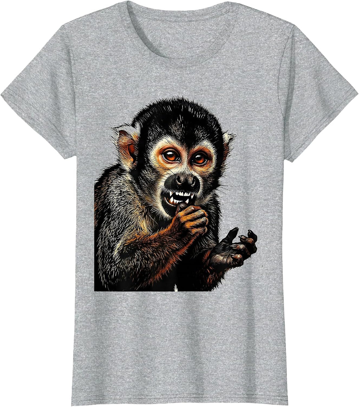 Women's Cropped Squirrel Monkey Linocut Funny Animal Meme Humor T-Shirt - Heather Grey