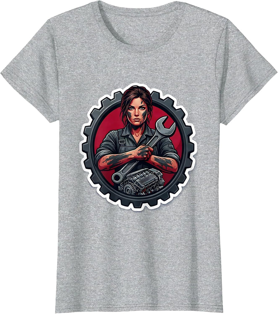 Grease Monkey Mechanic Illustration Graphic T-Shirt - Heather Grey