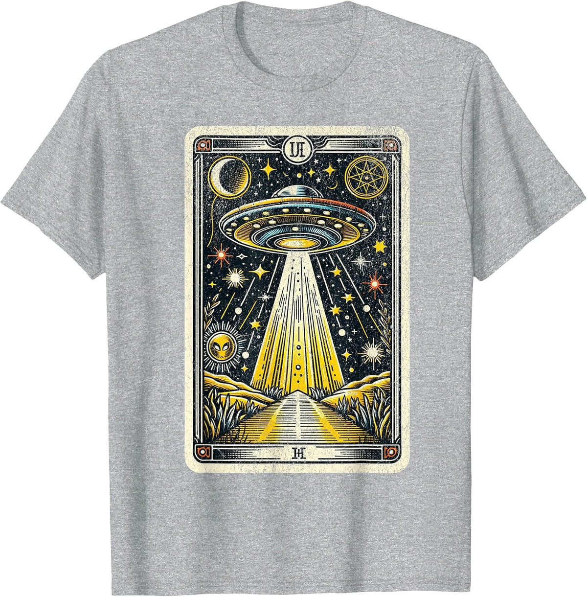 Vintage UFO Tarot Card Alien Astrology Retro Zodiac T-Shirt - Heather Grey