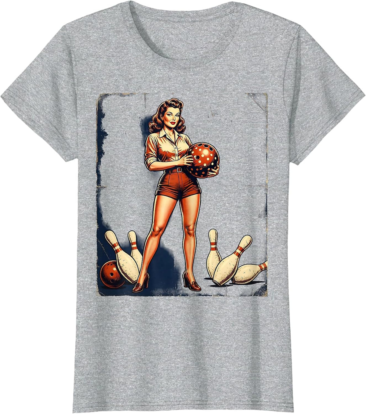 Women's Vintage Pin-Up Bowling Illustration Graphic Tee T-Shirt - Heather Grey