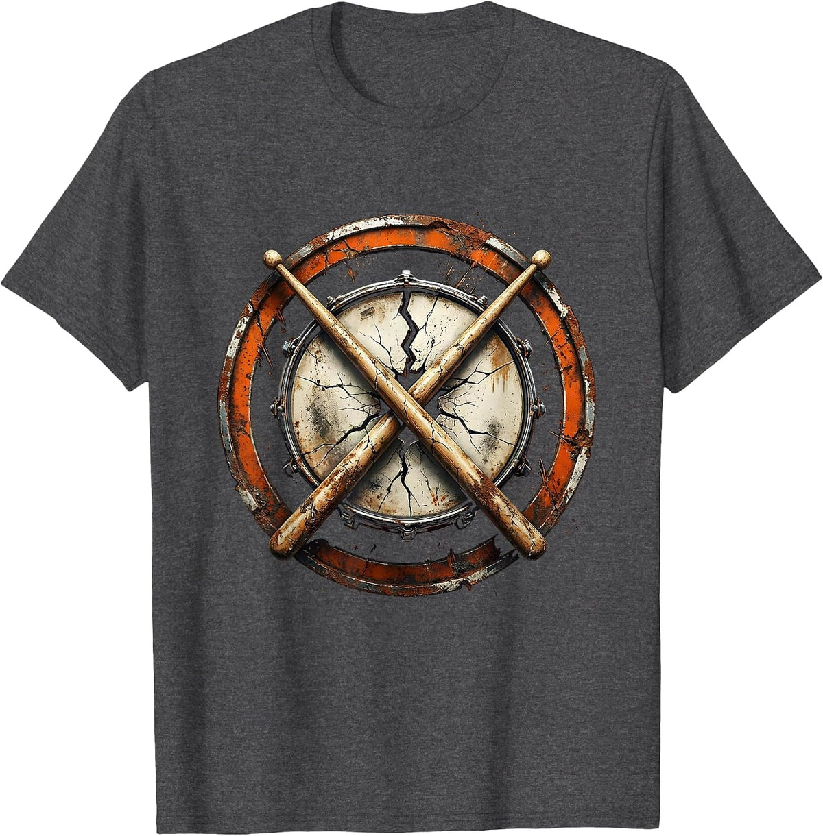 Crossed Drumsticks Cracked Snare Drum Rock Graphic T-Shirt - Dark Heather Grey