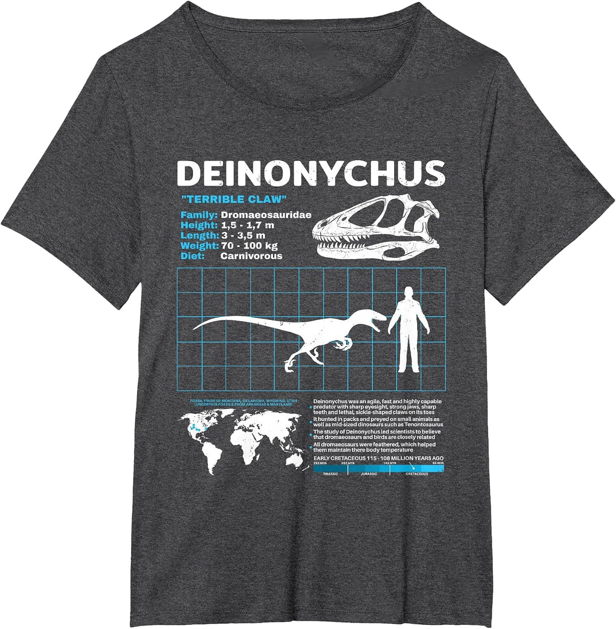 Deinonychus Fact Sheet Skull Fossil T-Shirt - Dark Heather Grey