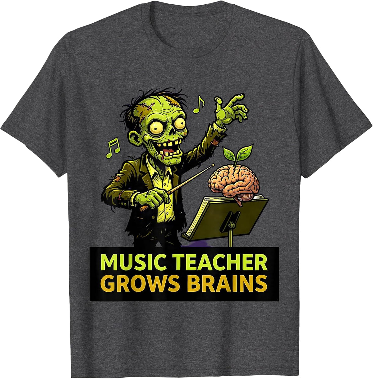Men's Music Teacher Grows Brains Funny Zombie Teacher Halloween T-Shirt - Dark Heather Grey