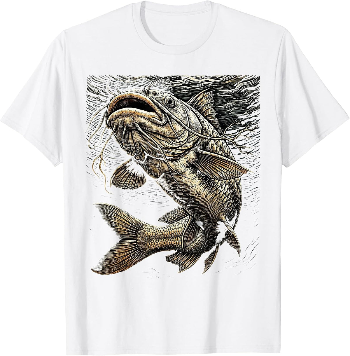 Men's Catfish Dark Depths Lurking Giant Fishing Graphic T-Shirt - White