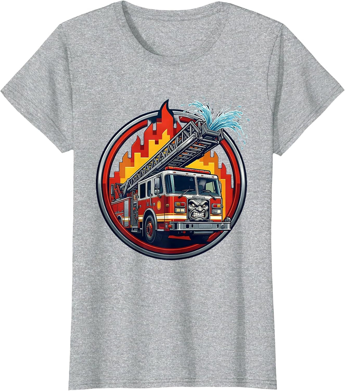 Aerial Ladder Truck Fighting Massive Blaze Firefighter T-Shirt - Heather Grey