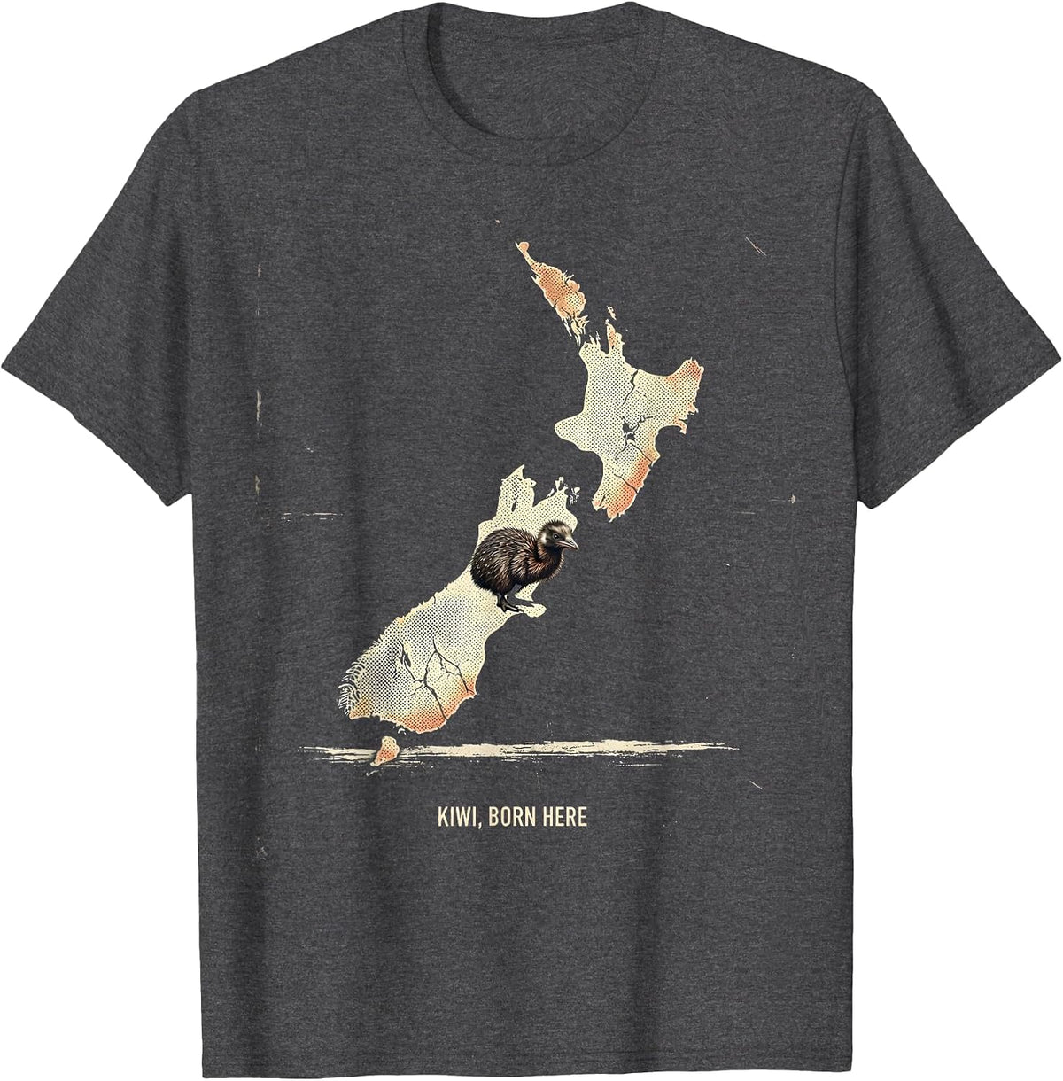 Men's Kiwi Born Here Distressed New Zealand Map Bird Lover Gift T-Shirt - Dark Heather Grey