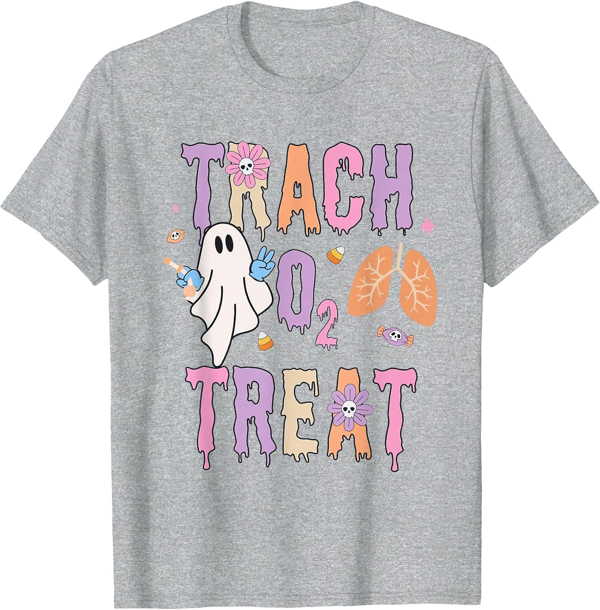 Trach or Treat Halloween Respiratory Therapist Pulmonary T-Shirt - Heather Grey