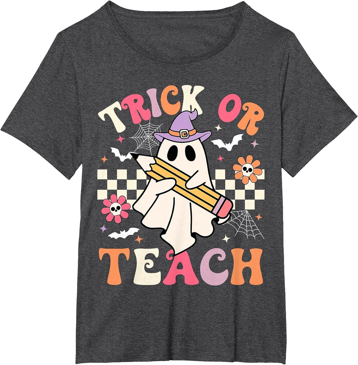 Trick Or Teach Groovy Teacher Halloween Retro Floral Ghost T-Shirt - Dark Heather Grey