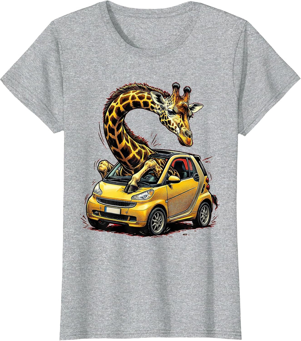 Funny Giraffe Squeezing Into Tiny Car Illustration T-Shirt - Heather Grey