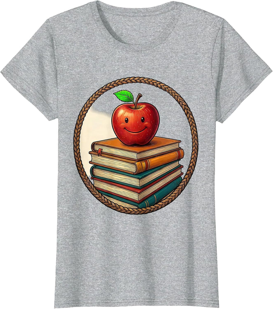 4th Grade Teacher Apple and Books Illustration T-Shirt - Heather Grey