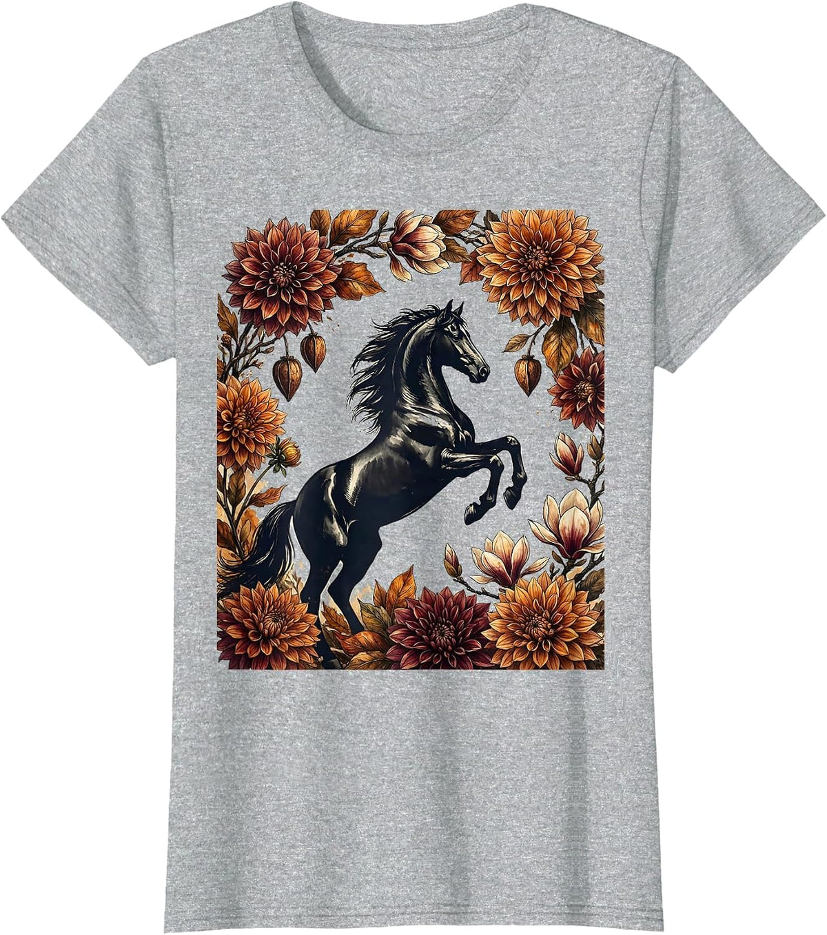 Rearing Stallion Autumn Floral Arch Derby Design T-Shirt - Heather Grey