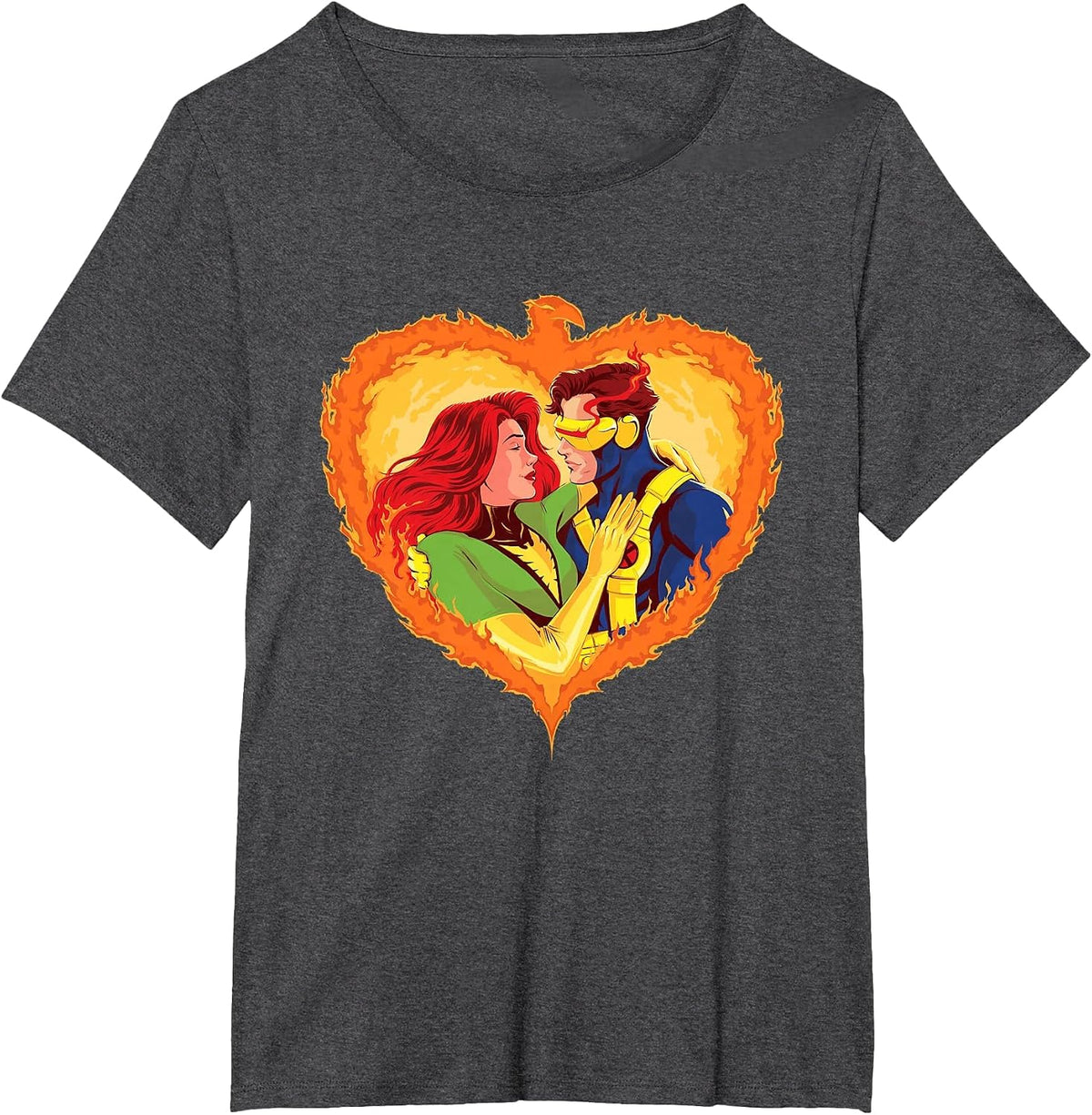Marvel X-Men Jean Grey Cyclops Phoenix Heart Valentine’s Day T-Shirt - Dark Heather Grey