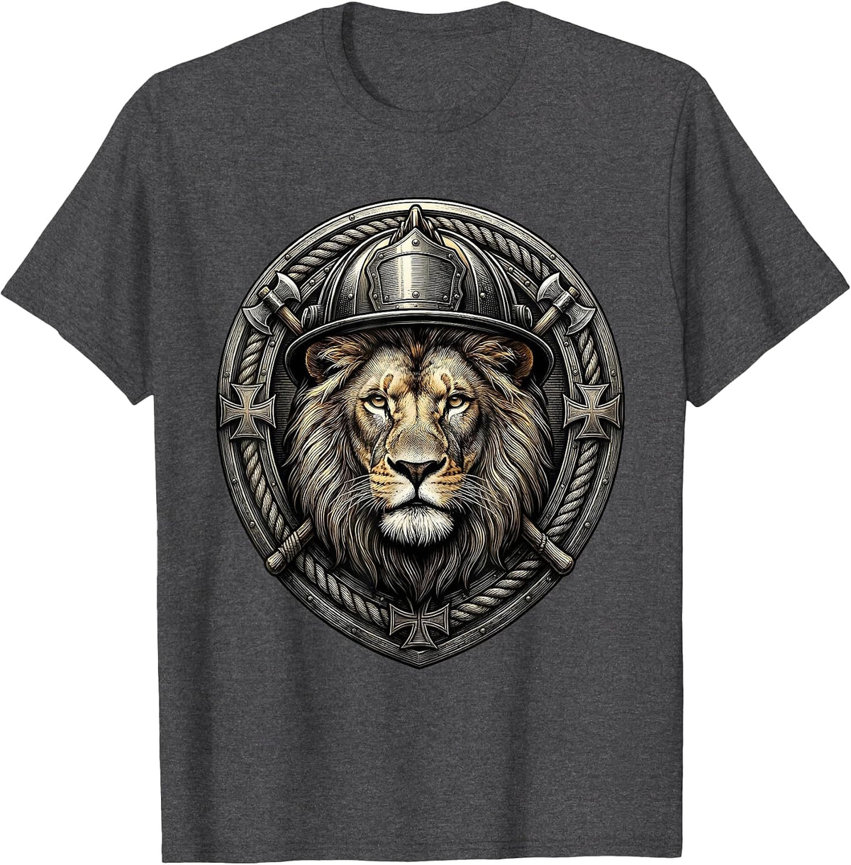 Lion Face Firefighter Helmet Graphic Design T-Shirt - Dark Heather Grey