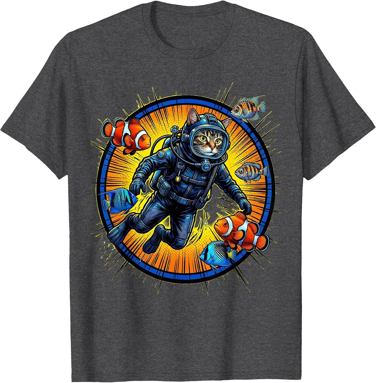 Cat Scuba Diver Tropical Fish Underwater Adventure T-Shirt - Dark Heather Grey
