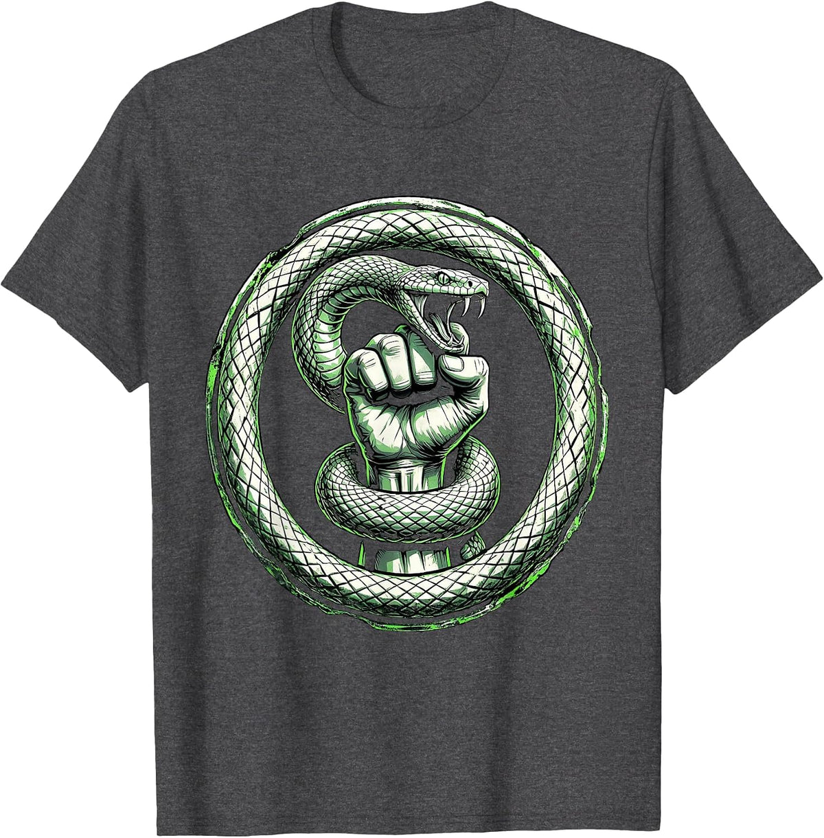 Punk Snake Devouring Raised Fist Graphic T-Shirt - Dark Heather Grey