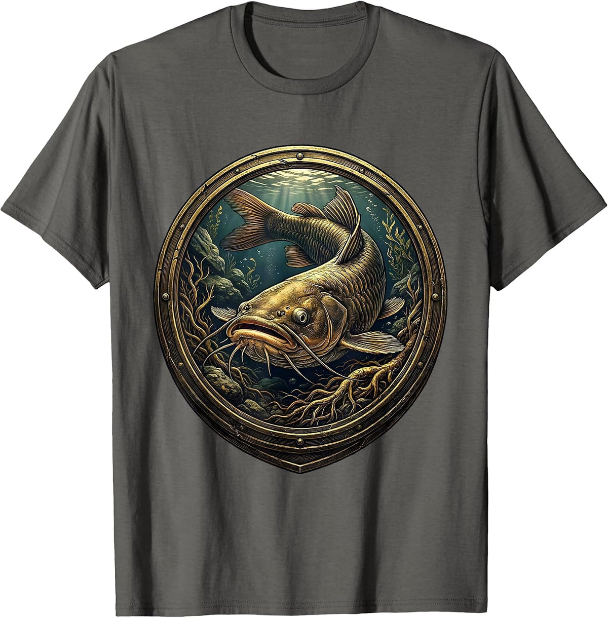 Catfish Lurking River Bottom Fishing Graphic T-Shirt - Asphalt Grey