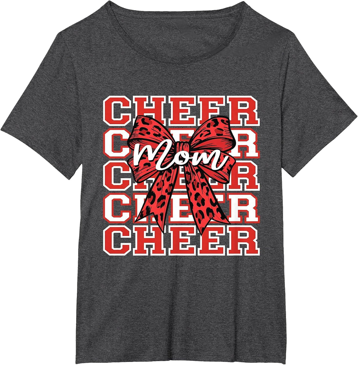 Football Cheer Mom Game Day Red Leopard Bow Cheerleading T-Shirt - Dark Heather Grey