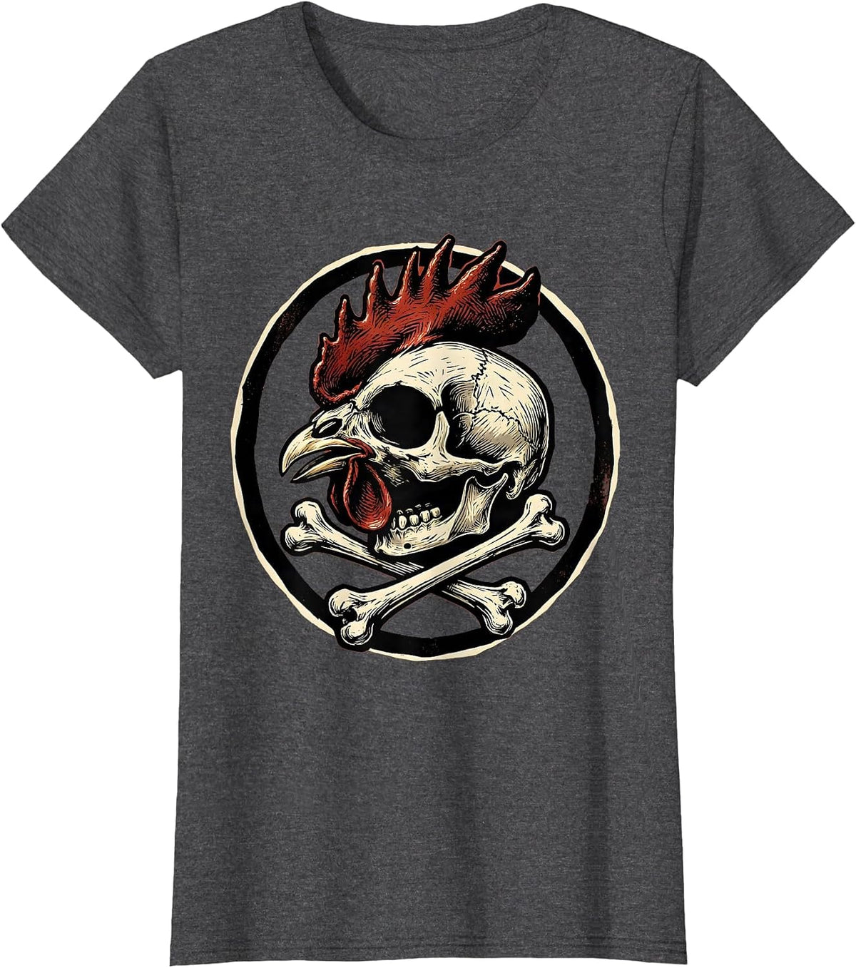 Women's Rooster Skull Crossed Drumsticks Dark Art Design T-Shirt - Dark Heather Grey