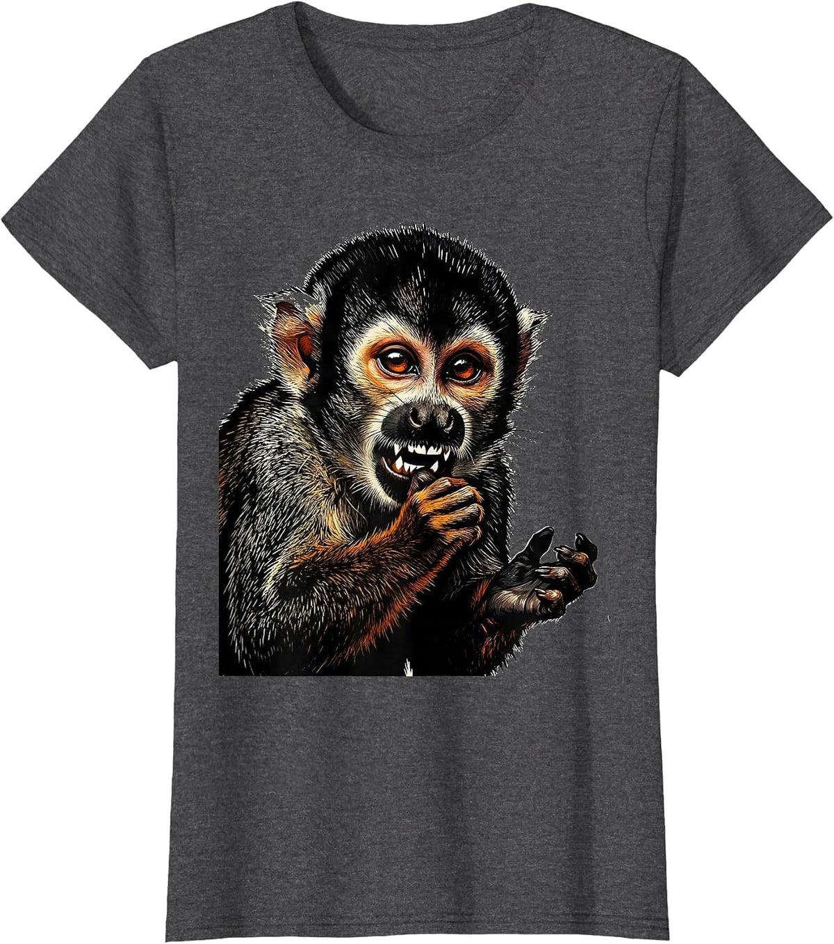 Women's Cropped Squirrel Monkey Linocut Funny Animal Meme Humor T-Shirt - Dark Heather Grey