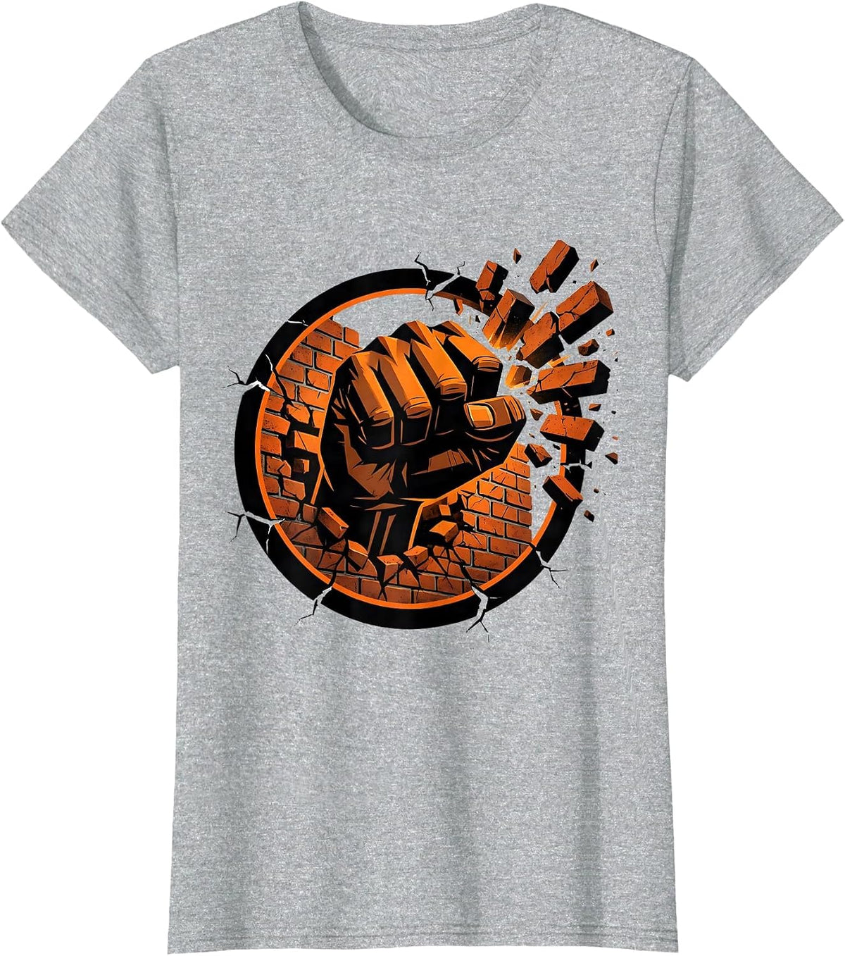 Punk Fist Through Brick Wall Graphic Tee T-Shirt - Heather Grey