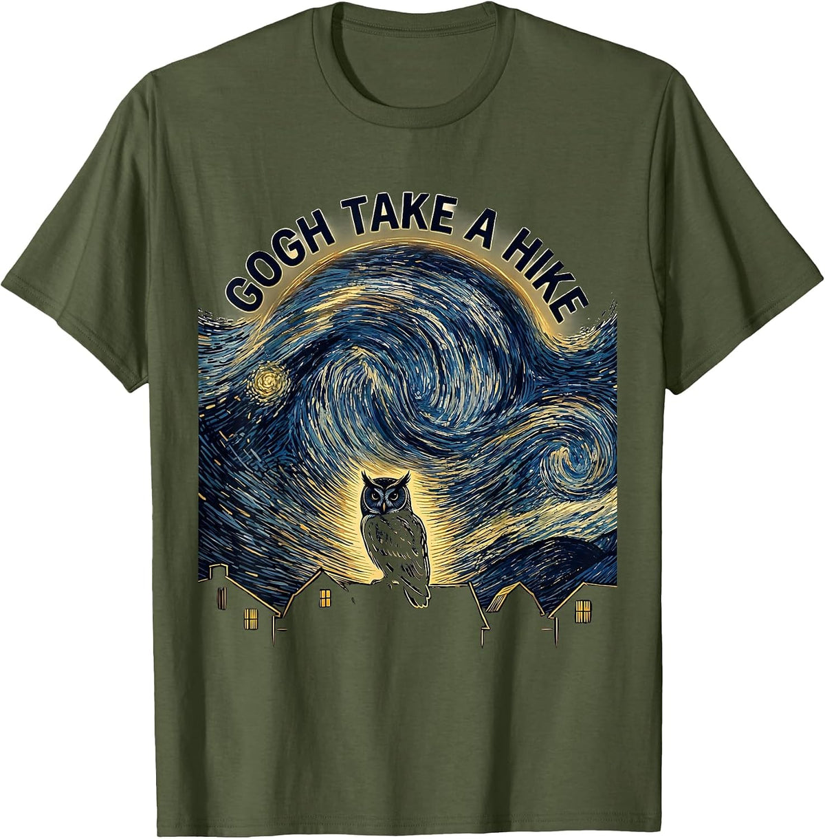 Men's Gogh Take A Hike Funny Van Gogh Art Parody Cat Lover T-Shirt - Olive Green