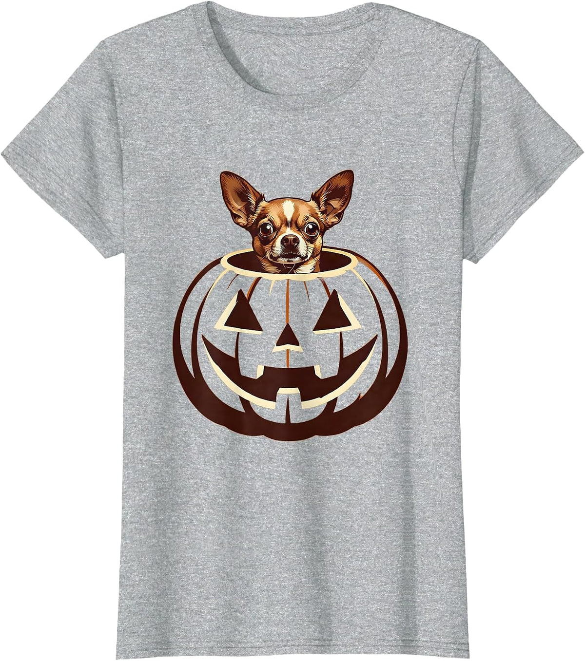 Chihuahua In Glowing Pumpkin Halloween Design T-Shirt - Heather Grey