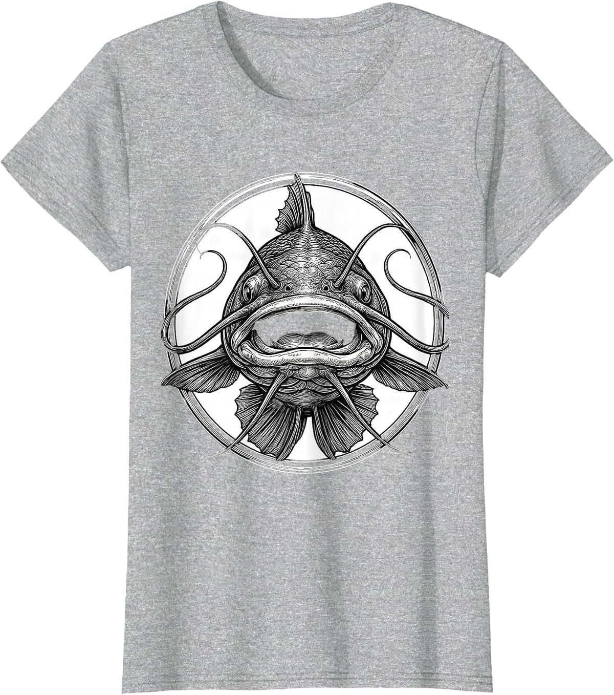 Women's Catfish Face Forward Fishing Graphic Design T-Shirt - Heather Grey