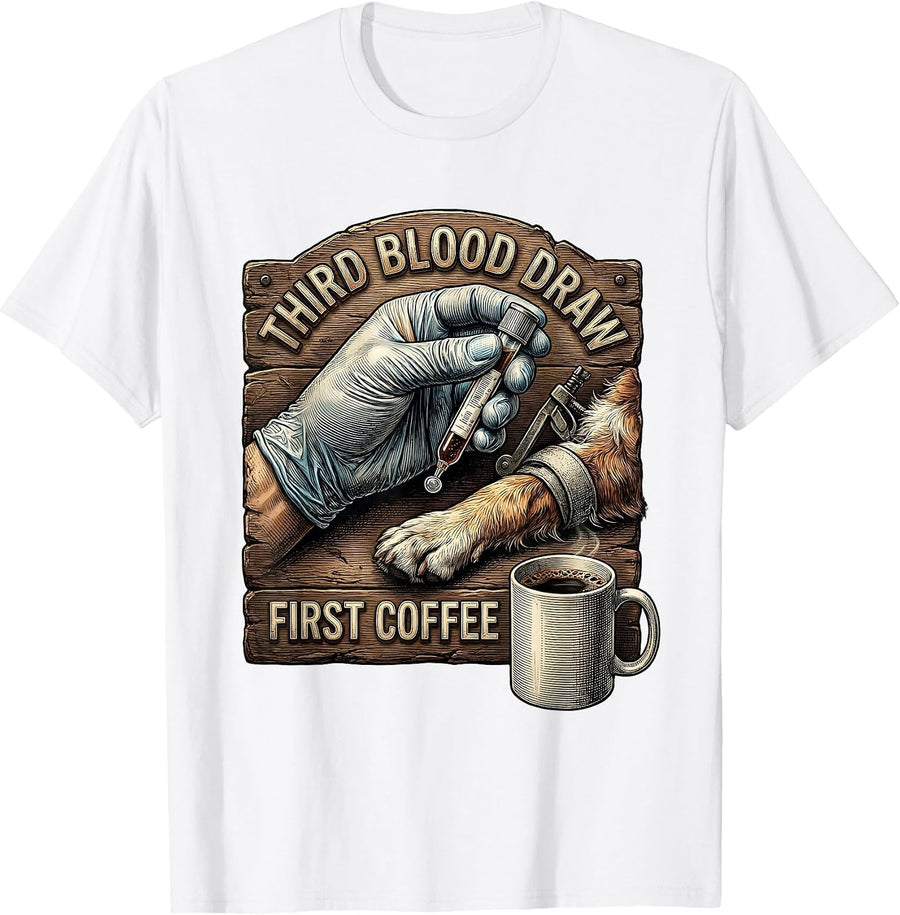 Men's Third Blood Draw First Coffee Funny Vet Tech Pet Lover Gift T-Shirt - White