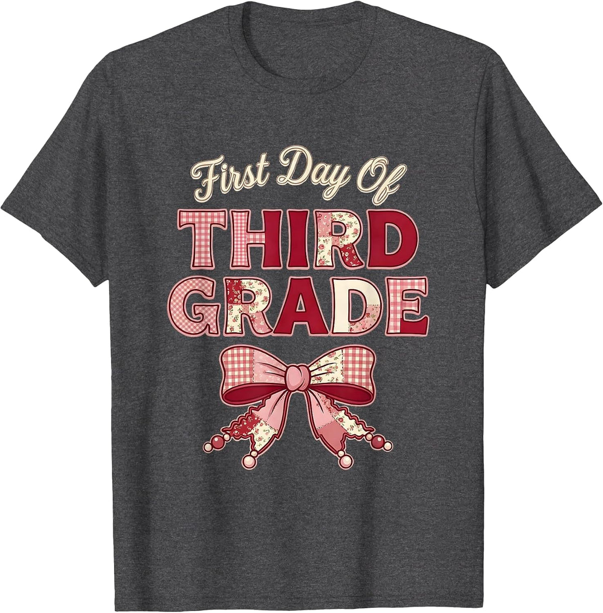 First Day Of Third Grade Coquette Floral Patchwork Back T-Shirt - Dark Heather Grey