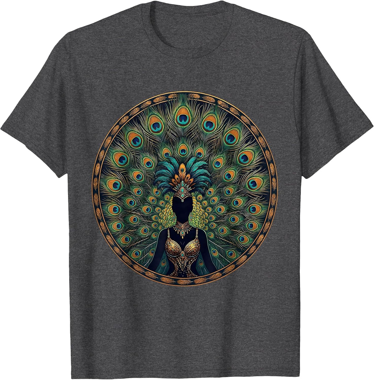 Showgirl Fan Dancer Peacock Feathers Graphic T-Shirt - Dark Heather Grey