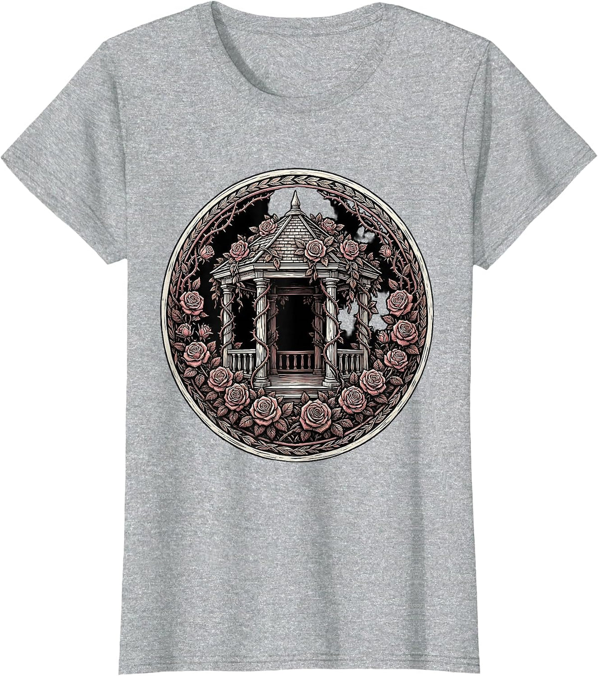 Gazebo Climbing Roses Garden Illustration T-Shirt - Heather Grey