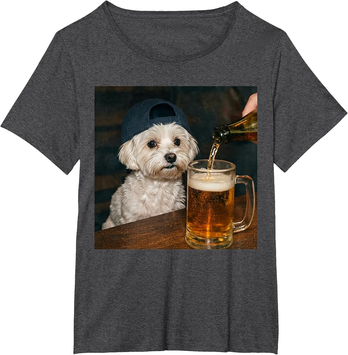 Maltese Drinking Beer Funny Dog Meme T-Shirt - Dark Heather Grey
