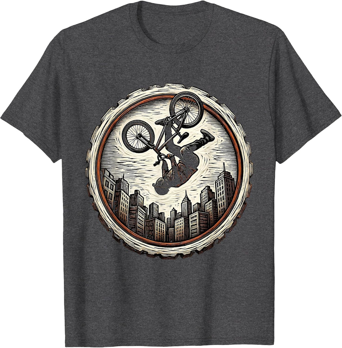 BMX Backflip City Skyline Graphic Tee T-Shirt - Dark Heather Grey