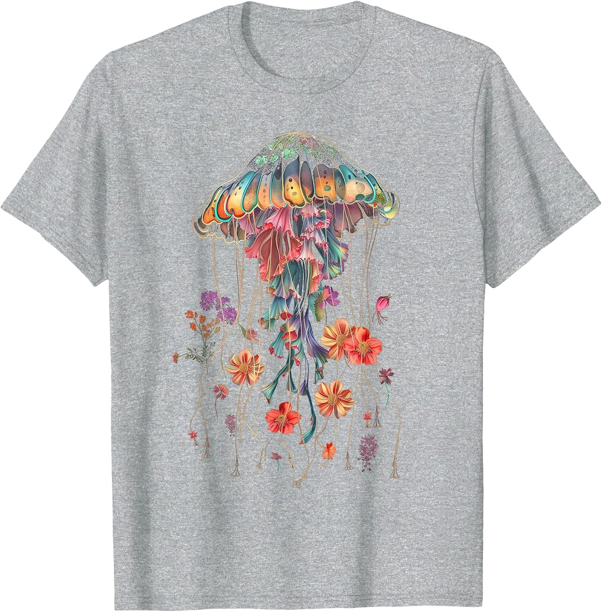 Jellyfish Flowers Vintage Floral Scuba Diving Surf T-Shirt - Heather Grey