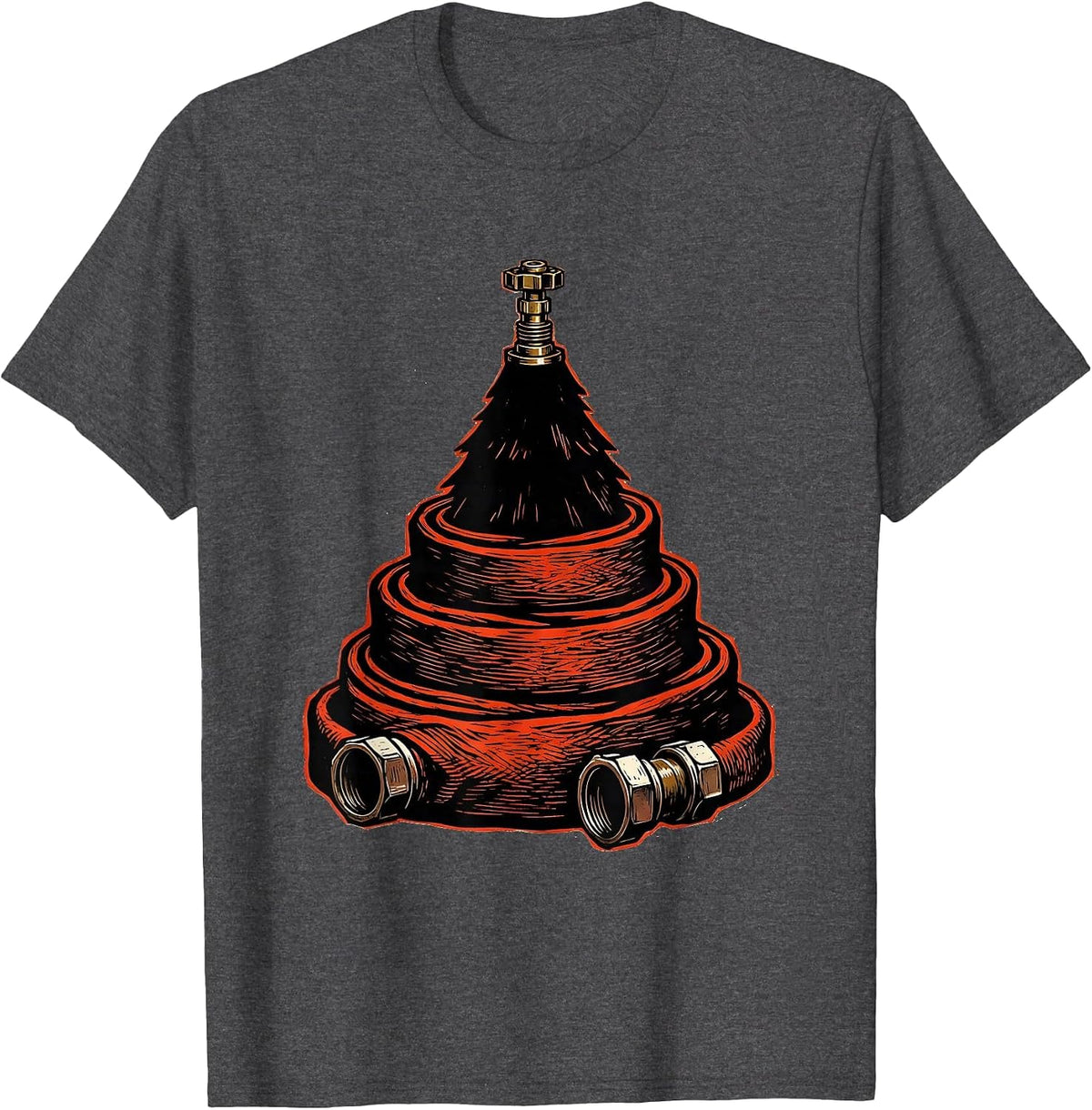 Men's Fire Hose Tree Linocut Firefighter Tribute Gift T-Shirt - Dark Heather Grey