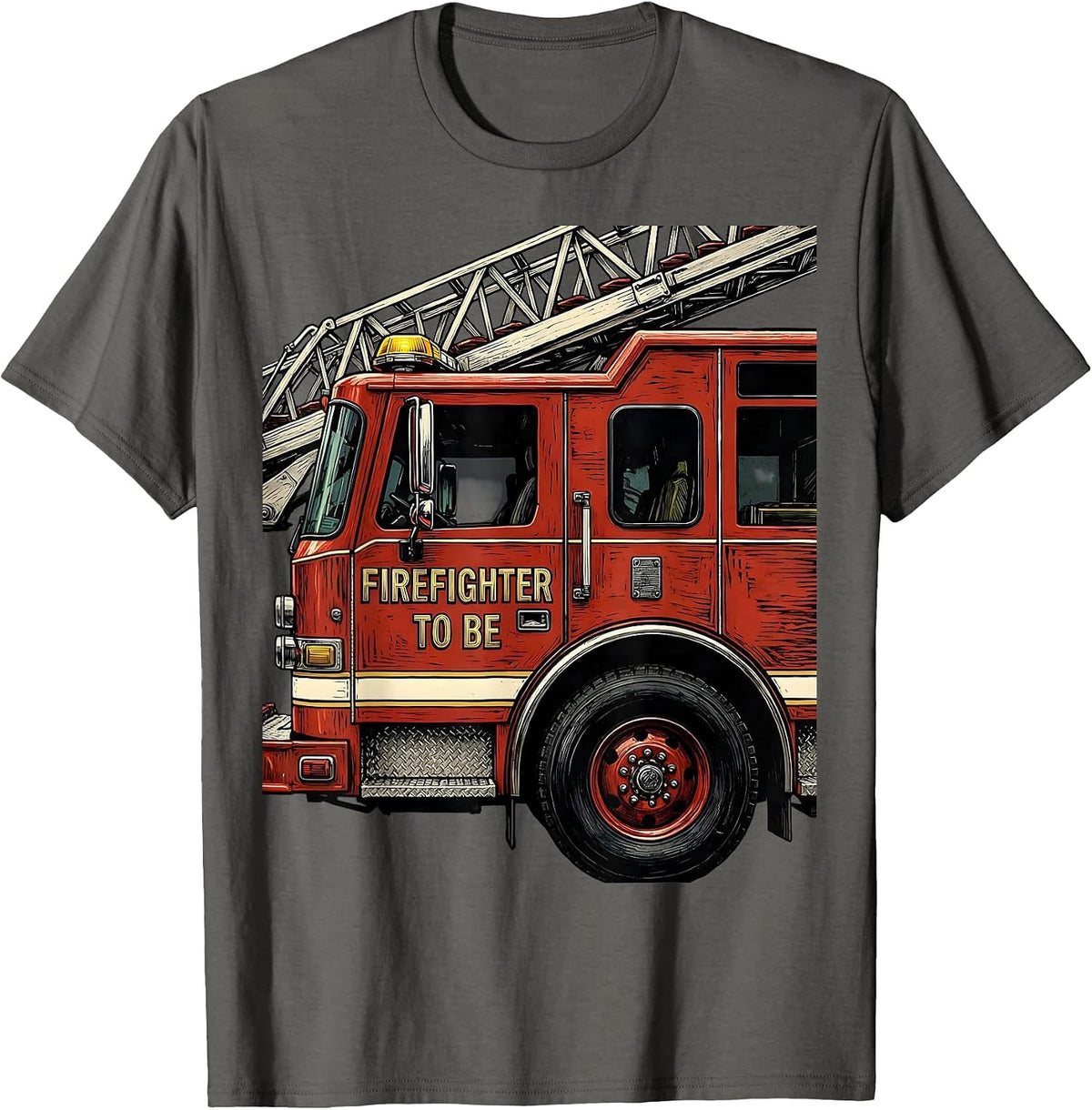 Firefighter To Be Linocut Fire Truck Toddler Future T-Shirt - Asphalt Grey